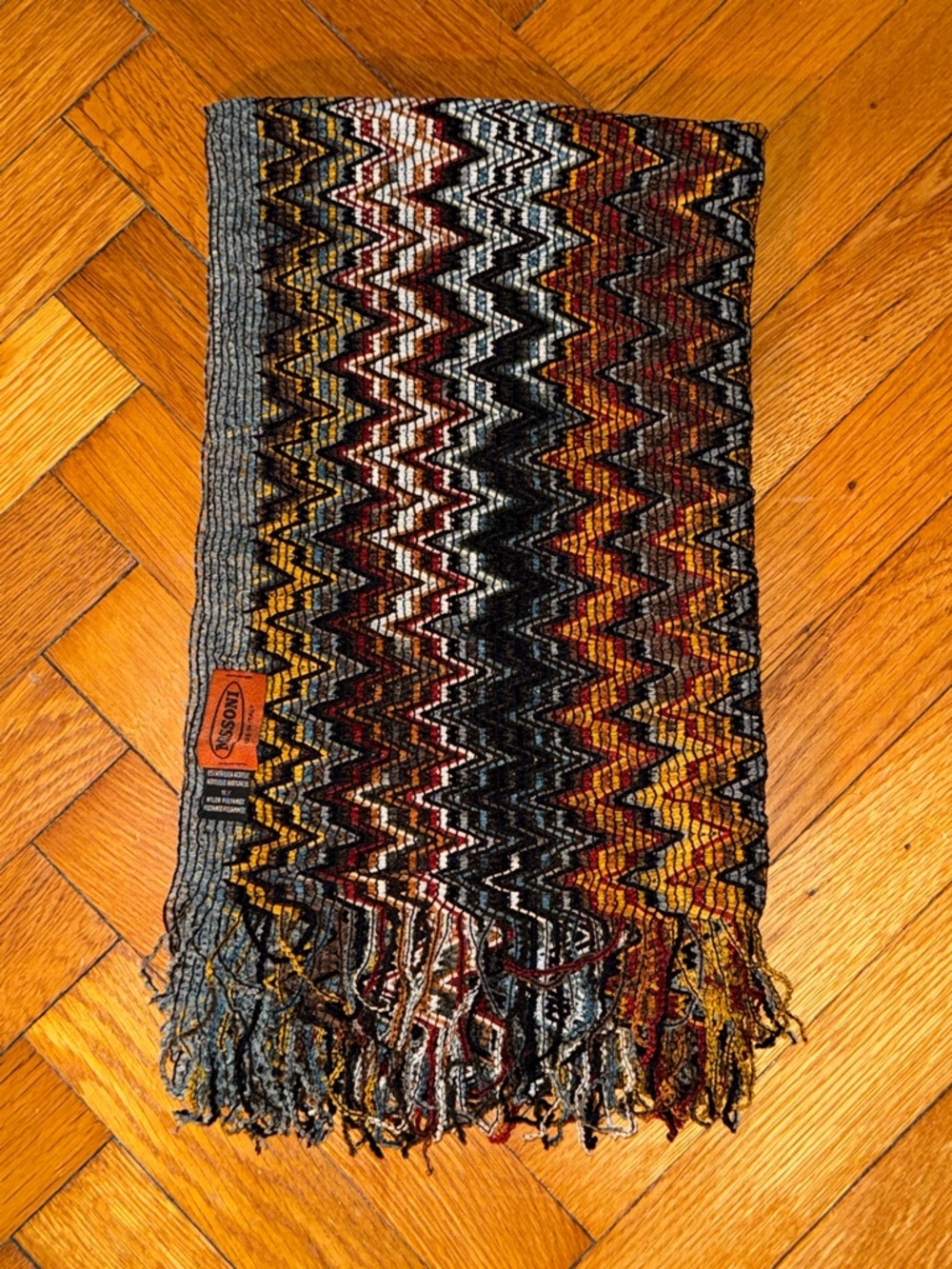 Missoni Woven Zigzag Patterned Knit Scarf in Brown Multi